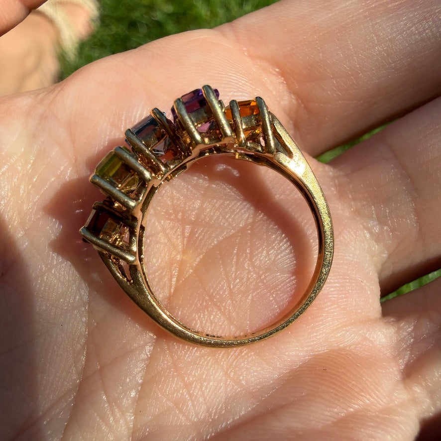 Solid 10K Yellow Gold Eye-catching Five Gemstone Ring, Size 5.75