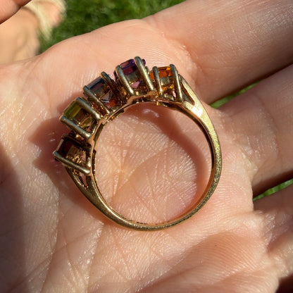 Solid 10K Yellow Gold Eye-catching Five Gemstone Ring, Size 5.75