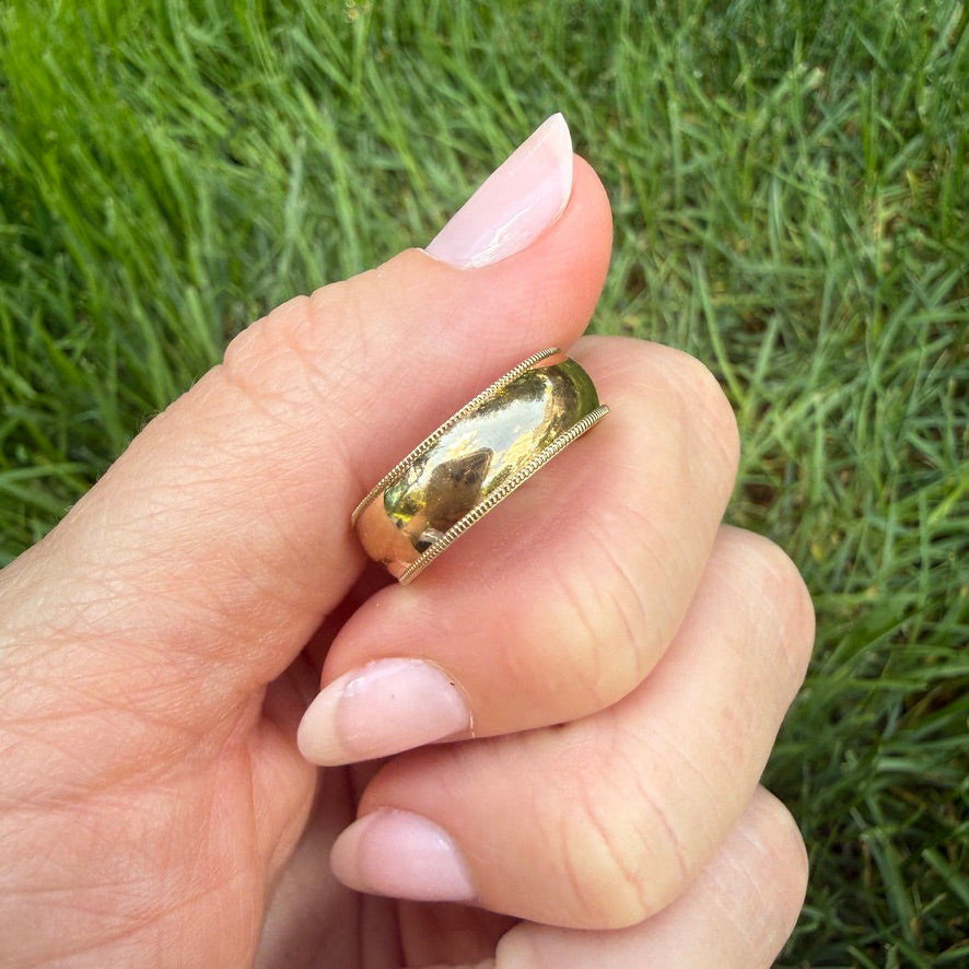 14K Solid Yellow Gold Wide Band Ring with Milgrain Edge 6.14mm, Size 7.75