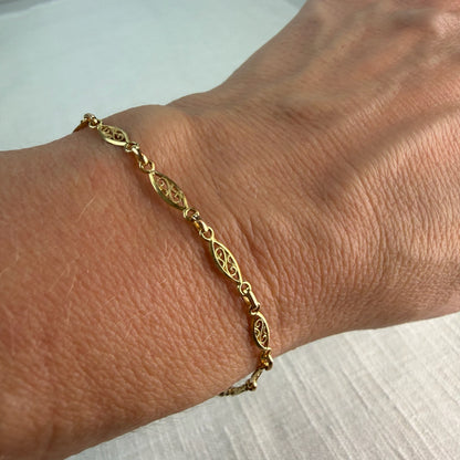 Vintage Solid 14K Yellow Gold Italian Oval Filigree Link Bracelet, 7.25", 3.35 g