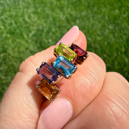 Solid 10K Yellow Gold Eye-catching Five Gemstone Ring, Size 5.75