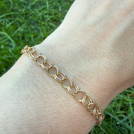 6.75" Vintage Solid 14K Yellow Gold Double Circle Link Bracelet, 4.22 g