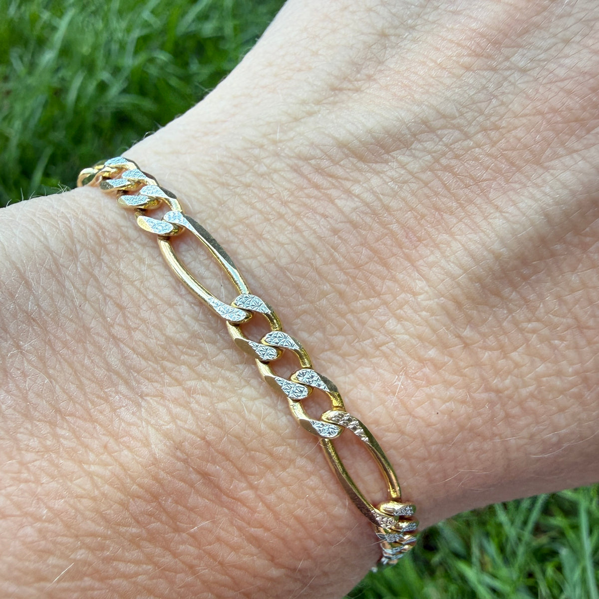 6.75" Italian Solid 14K Yellow & White Gold Faceted Figaro Bracelet, 6.37g