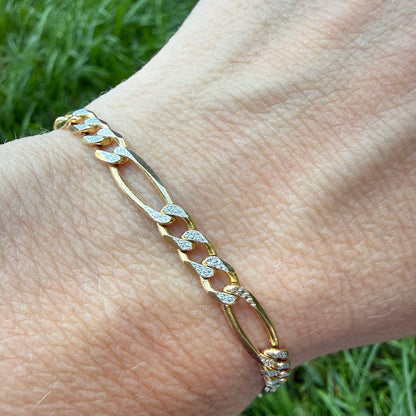 6.75" Italian Solid 14K Yellow & White Gold Faceted Figaro Bracelet, 6.37g