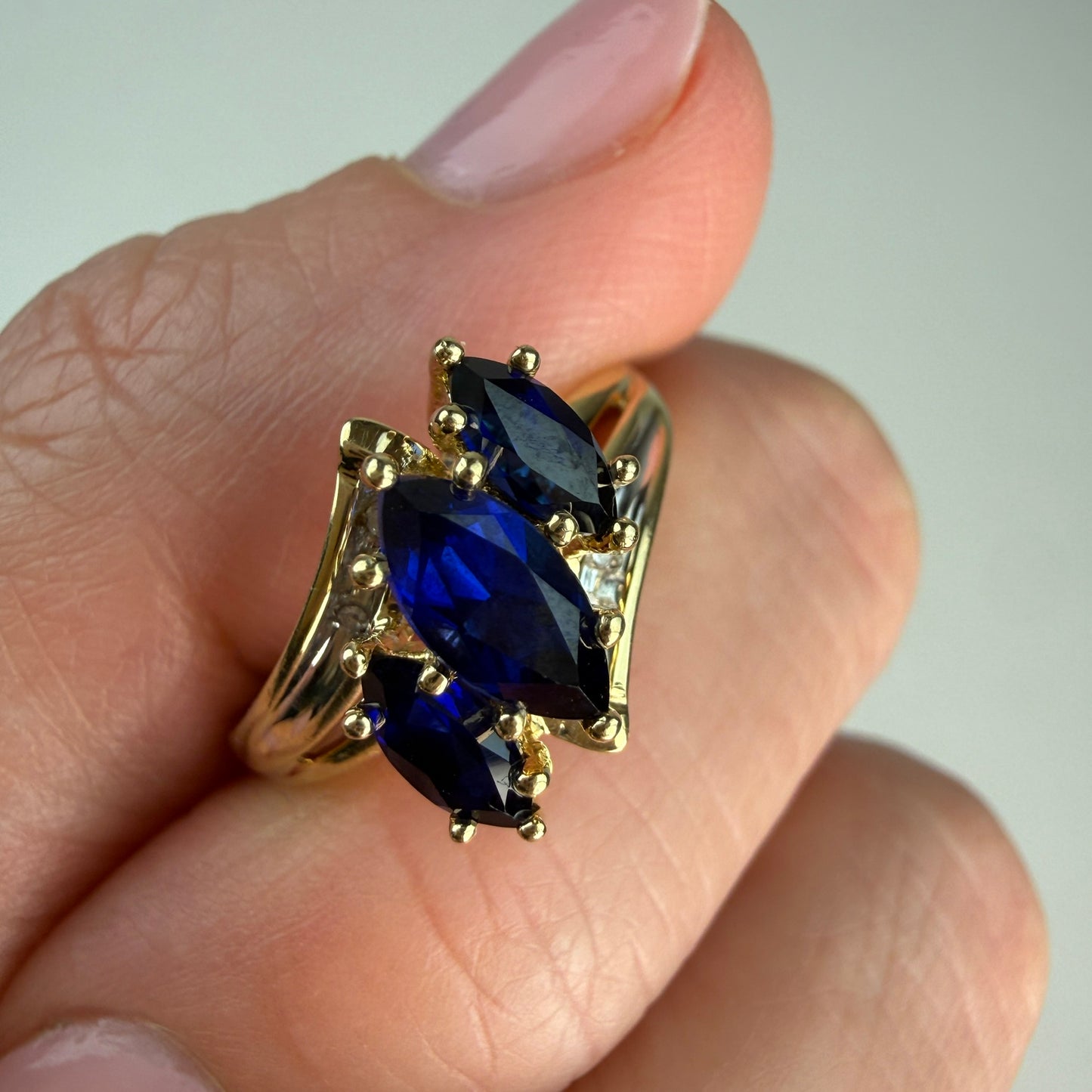 Solid 10k Yellow Gold Three-Stone Marquise Sapphire and Diamond Ring, Size 7.75