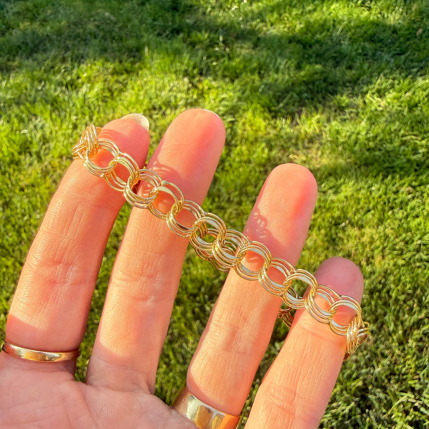 6.5" Vintage Solid 14K Yellow Gold Triple Circle Link Bracelet, 11.23 g