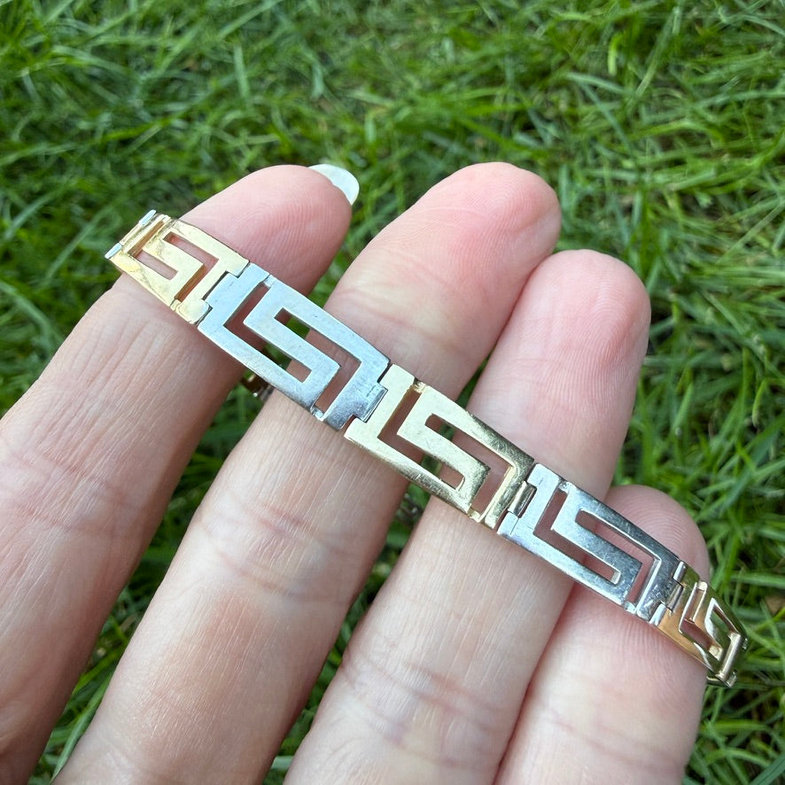 7" Solid 14K Two-Tone Gold Greek Key Graduated Bracelet, 10.88 g