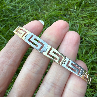 7" Solid 14K Two-Tone Gold Greek Key Graduated Bracelet, 10.88 g
