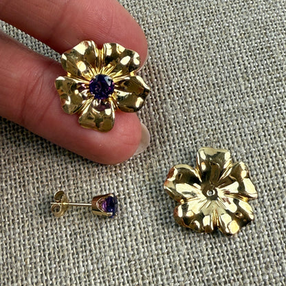 14K Solid Yellow Gold Flower Earring Jackets with Amethyst Stud earrings, 1.75 g