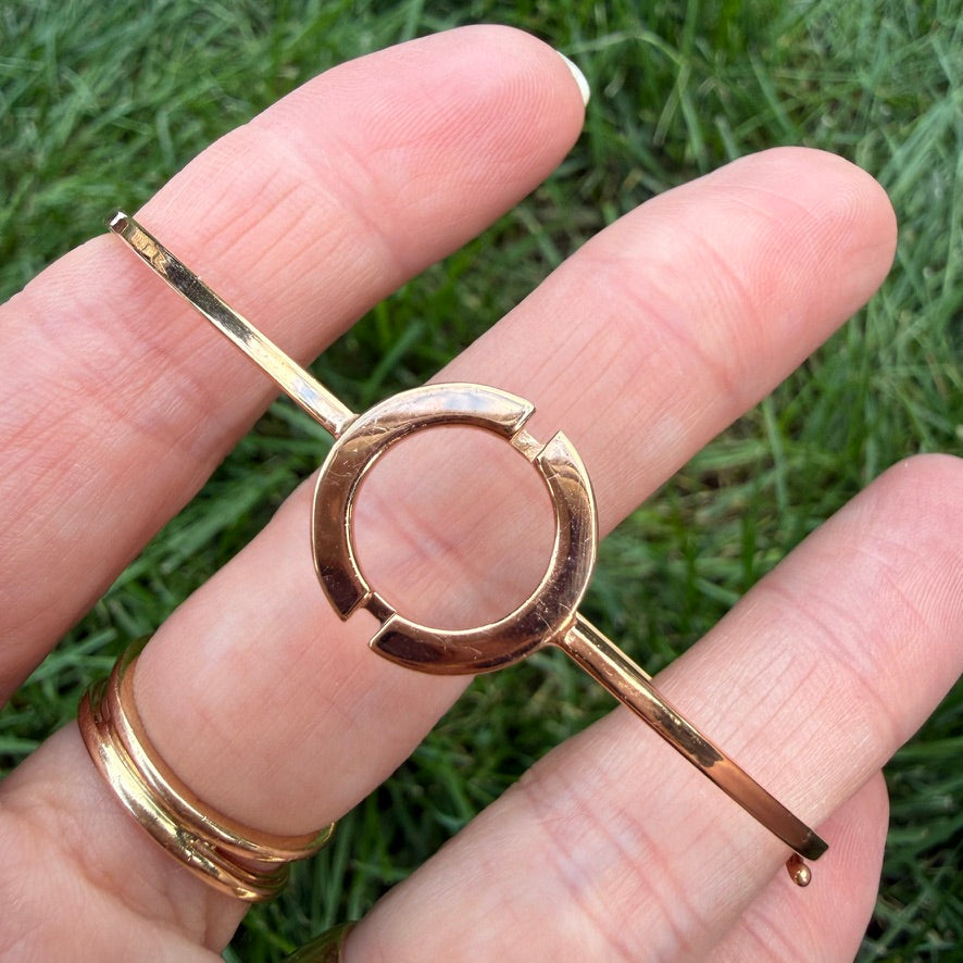 Italian 14K Rose Gold Solid Bangle Bracelet with Geometric Open Circle Detail, 5 g
