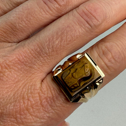 Vintage Solid 10K Yellow Gold and Tiger's Eye Double Soldier with Ring, Size 8.75