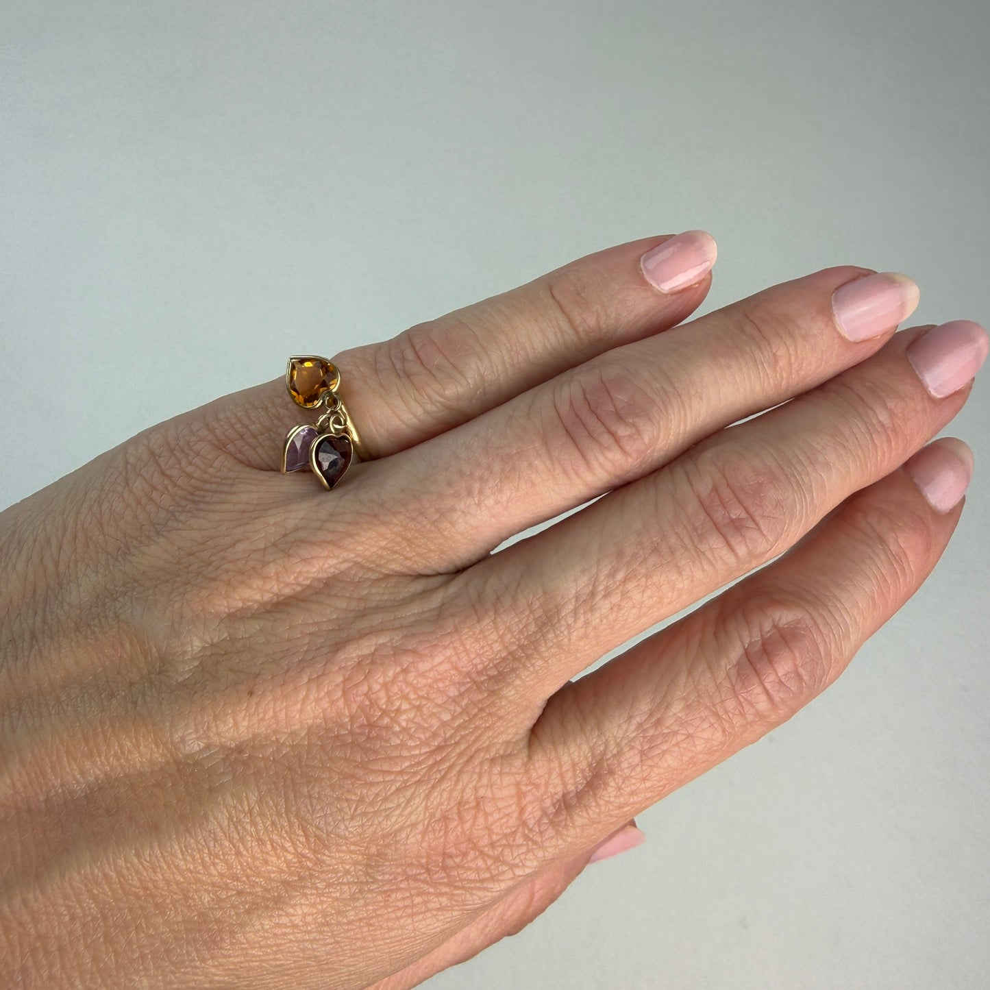 14K Solid Yellow Gold Citrine, Amethyst and Garnet Dangling Heart Ring, Size 3.25