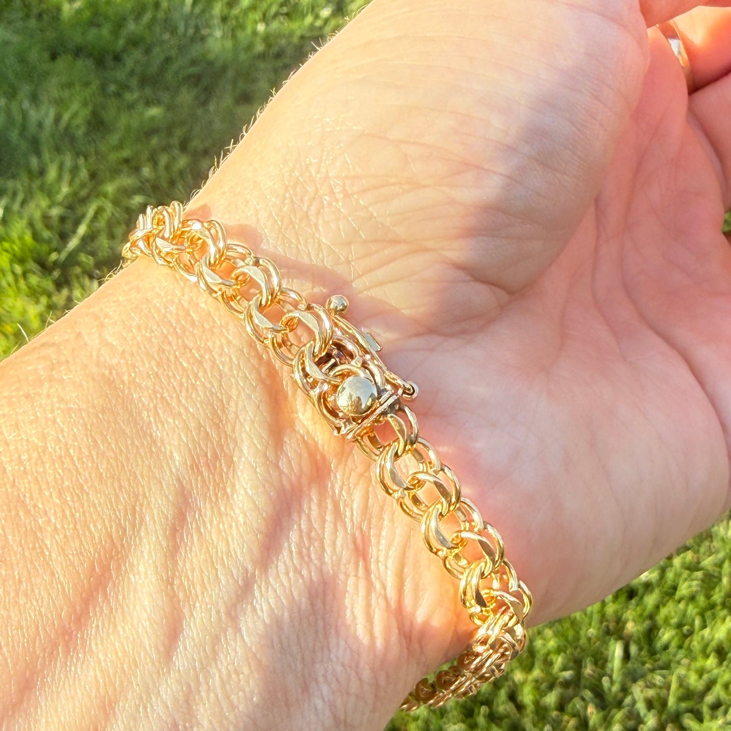 6.75+" Vintage Solid 14K Yellow Gold Faceted Double Circle Link Bracelet, 12.21 g