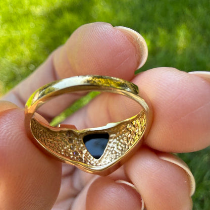 10K Solid Yellow Gold Faceted Black Onyx with 5 Diamond Ring, Size 6