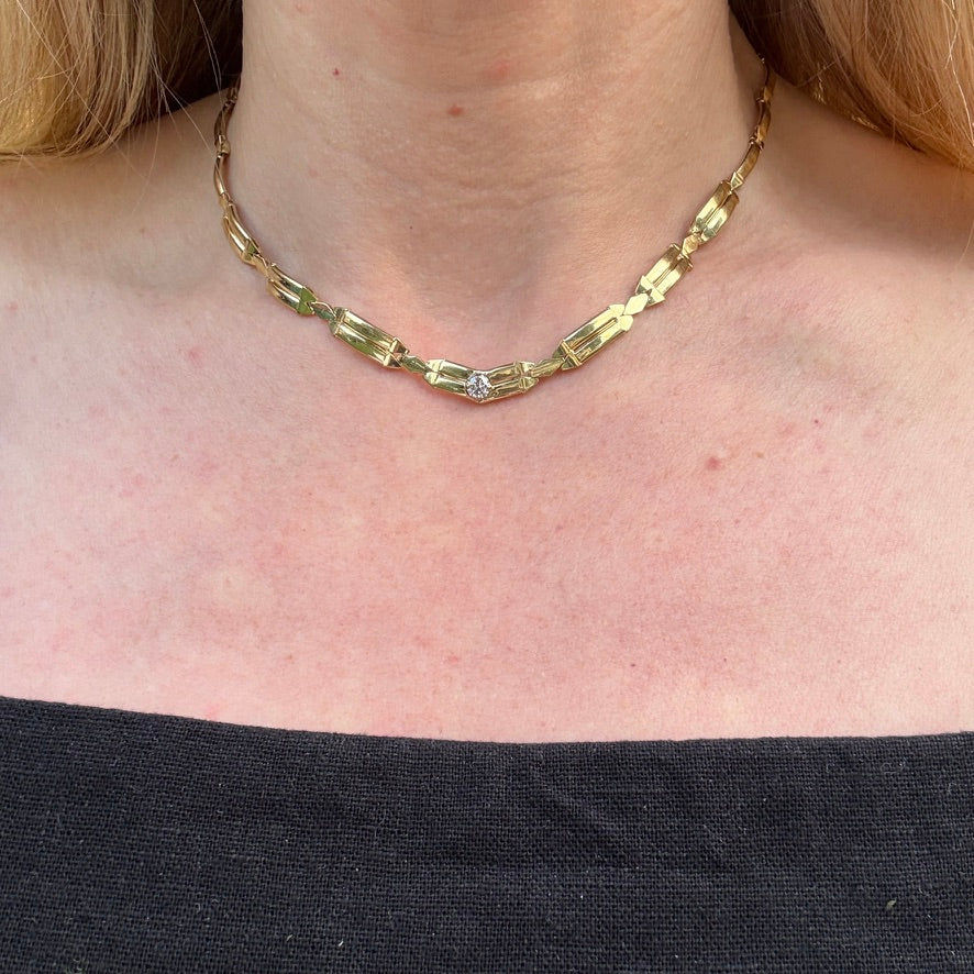 16" Solid 14K Yellow Gold Italian Geometric Link Necklace with .35 -.40 CT Natural Diamond, 17 g