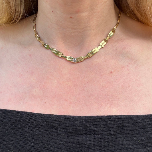 16" Solid 14K Yellow Gold Italian Geometric Link Necklace with .35 -.40 CT Natural Diamond, 17 g