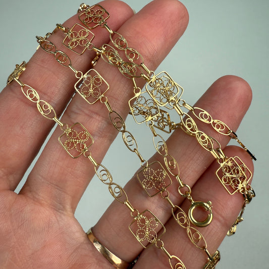 27" Solid 14K Yellow Gold Victorian-inspired Filigree Station Chain, 7.87 g