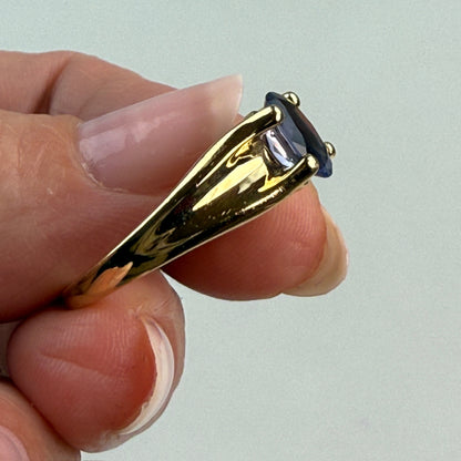 14K Solid Yellow Gold Oval Shaped Faceted Iolite Ring, Size 6.75