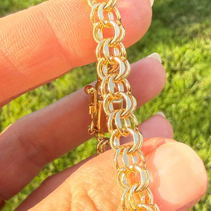 6.75+" Vintage Solid 14K Yellow Gold Faceted Double Circle Link Bracelet, 12.21 g