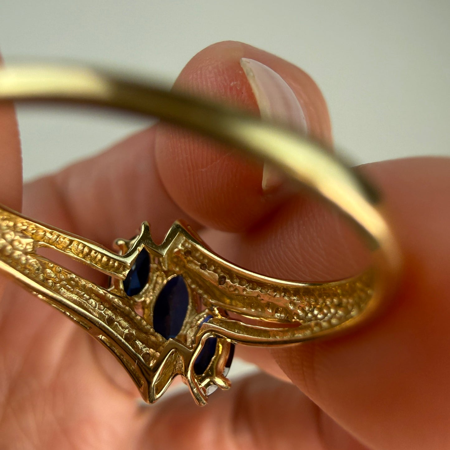 Solid 10k Yellow Gold Three-Stone Marquise Sapphire and Diamond Ring, Size 7.75
