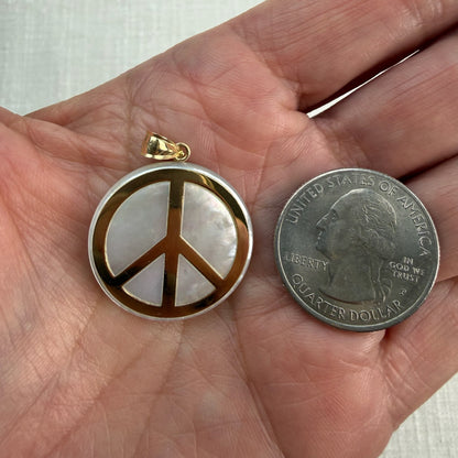 Solid 14K Yellow Gold and Mother of Pearl Peace Sign Pendant, 3.70 grams