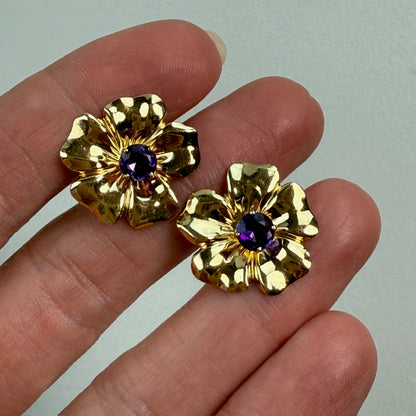 14K Solid Yellow Gold Flower Earring Jackets with Amethyst Stud earrings, 1.75 g
