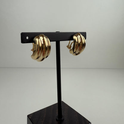 14K Solid Yellow Gold Omega Back Classic Ribbed Half-Hoop Earrings, 5.16 g