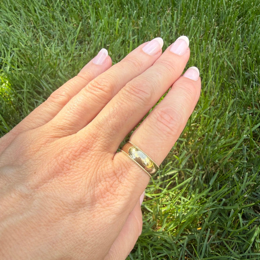 14K Solid Yellow Gold Wide Band Ring with Milgrain Edge 6.14mm, Size 7.75