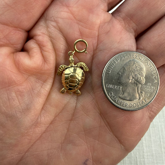 Solid 14K Yellow Gold Articulated Sea Turtle Charm/Pendant, 2.42 grams