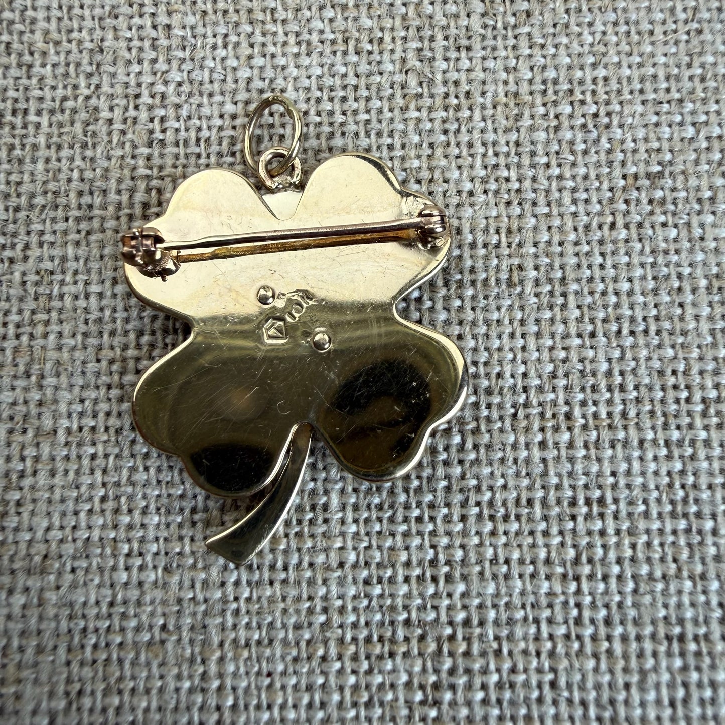 Vintage Solid 10K Engine-turned Four-leaf Clover Pendant with Diamond Pendant, 6.61 grams