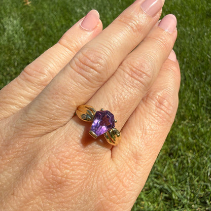 14K Solid Yellow Gold Geometric Amethyst and Gypsy Set Diamond Ring, Size 7.75