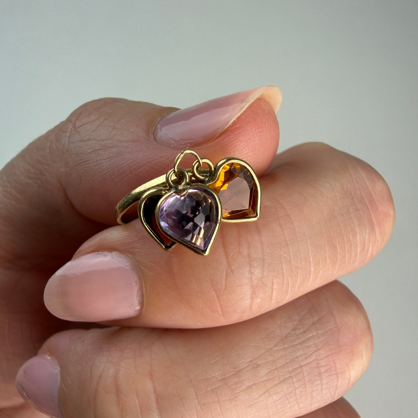 14K Solid Yellow Gold Citrine, Amethyst and Garnet Dangling Heart Ring, Size 3.25