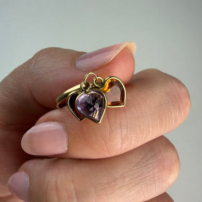 14K Solid Yellow Gold Citrine, Amethyst and Garnet Dangling Heart Ring, Size 3.25