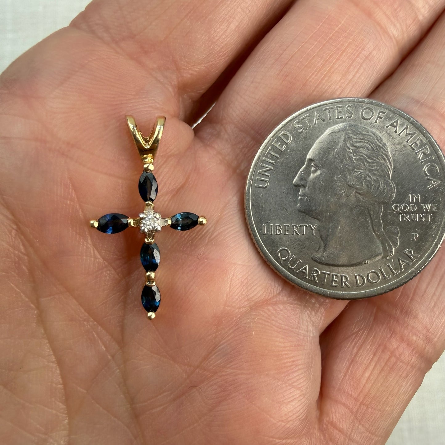 Solid 14K Yellow Gold Sapphire and Diamond Cross Pendant, 1.23 grams