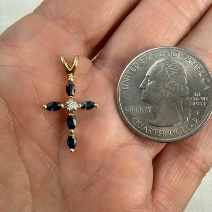 Solid 14K Yellow Gold Sapphire and Diamond Cross Pendant, 1.23 grams