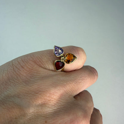 14K Solid Yellow Gold Citrine, Amethyst and Garnet Dangling Heart Ring, Size 3.25
