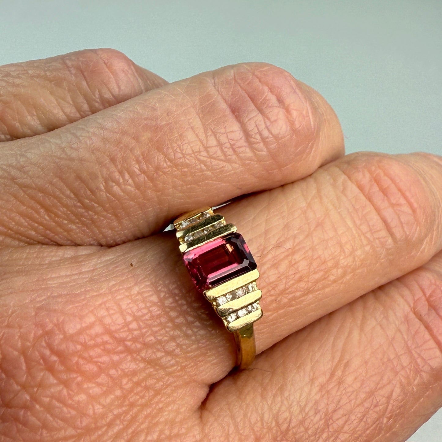 Solid 10K Yellow Gold Vintage Pink Tourmaline and Diamond Ring, Size 7