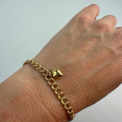7"  Italian Solid 14K Yellow Gold Double Link Bracelet with Heart Charm, 2.94g
