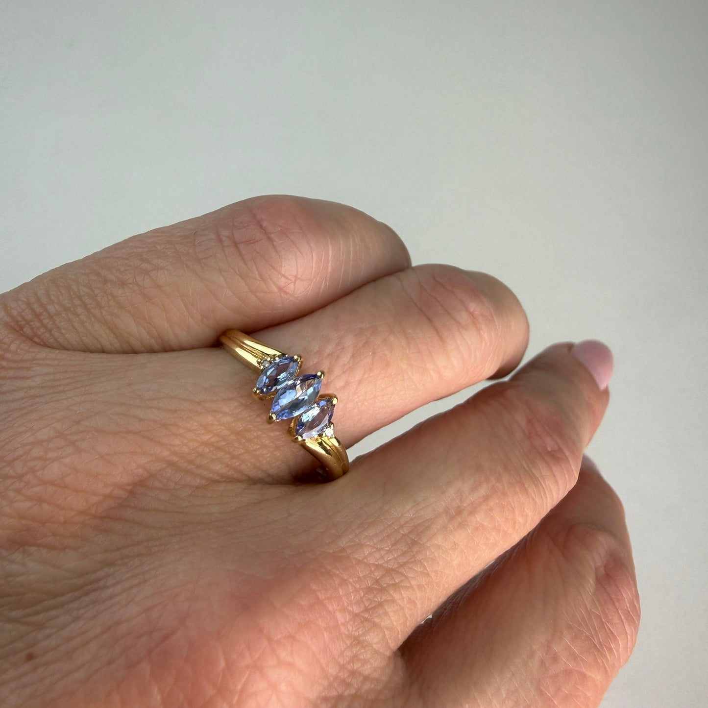 Solid 10k Yellow Gold Marquise Iolite and Diamond Accent Ring, Size 7