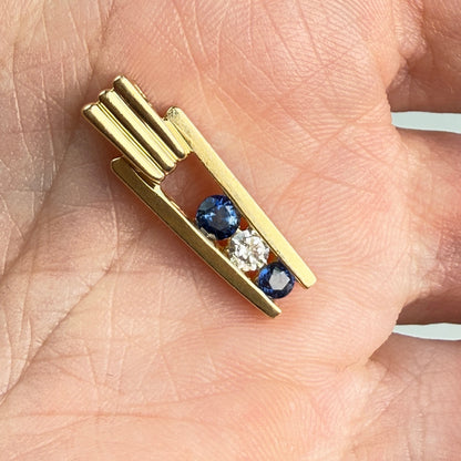 Solid 14K Yellow Gold Art Deco Style Sapphire and Diamond Pendant, 2.20 grams