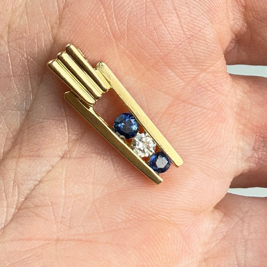 Solid 14K Yellow Gold Art Deco Style Sapphire and Diamond Pendant, 2.20 grams