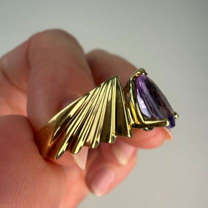 Solid 10K Yellow Gold Pear-shaped Amethyst Sculptural Ring, Size 7.75