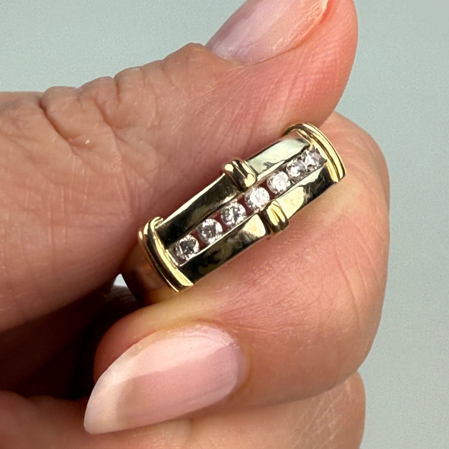 Solid 14K Yellow Gold Two-tone Linear Diamond Ring, Size 7.5