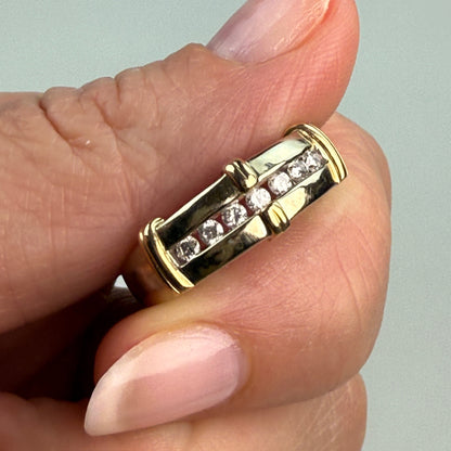 Solid 14K Yellow Gold Two-tone Linear Diamond Ring, Size 7.5