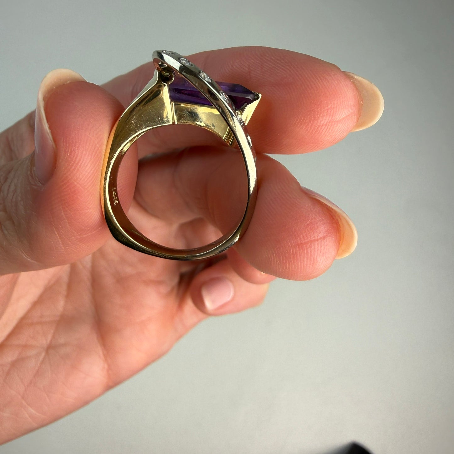 Solid 14K Two-Tone Sculptural Amethyst and Diamond Statement Ring, Size 7.75