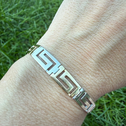 7" Solid 14K Two-Tone Gold Greek Key Graduated Bracelet, 10.88 g