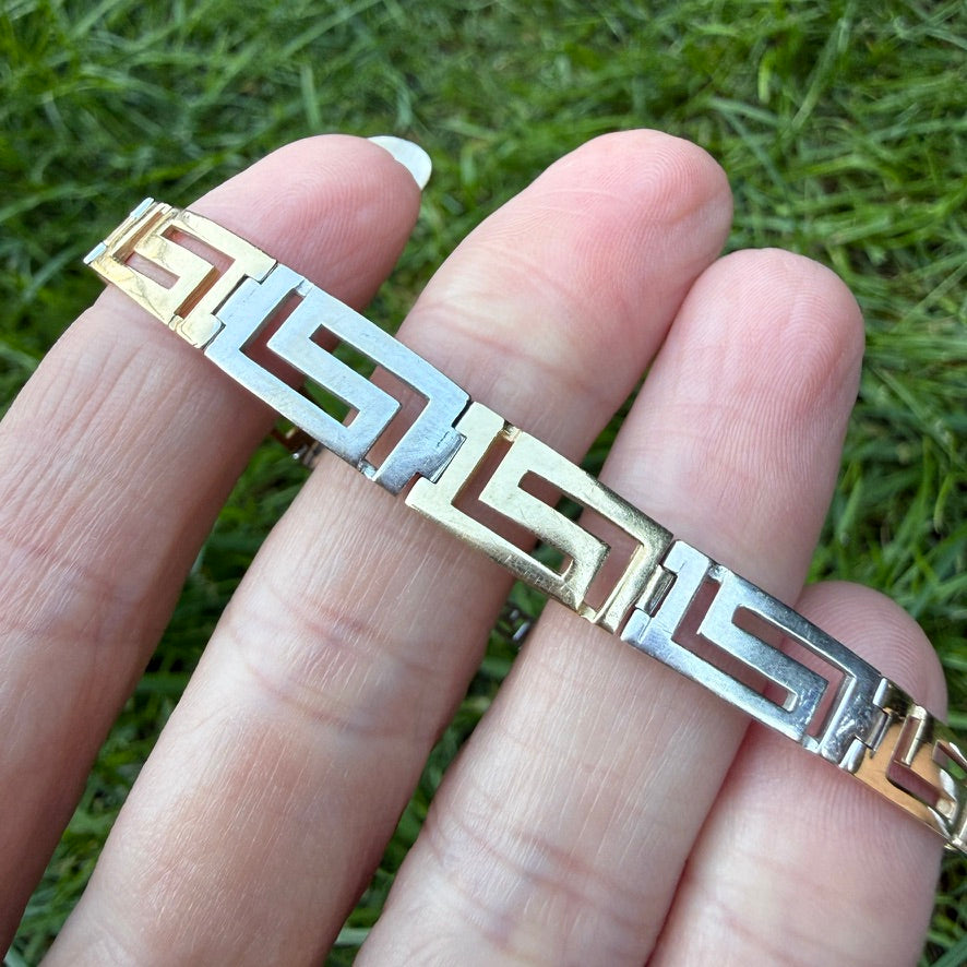 7" Solid 14K Two-Tone Gold Greek Key Graduated Bracelet, 10.88 g