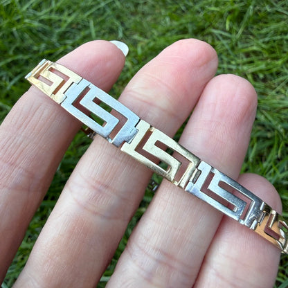 7" Solid 14K Two-Tone Gold Greek Key Graduated Bracelet, 10.88 g