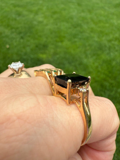14K Natural Green Tourmaline (10.86 x 8.78) with diamonds Yellow Gold Statement Ring Size 8.25