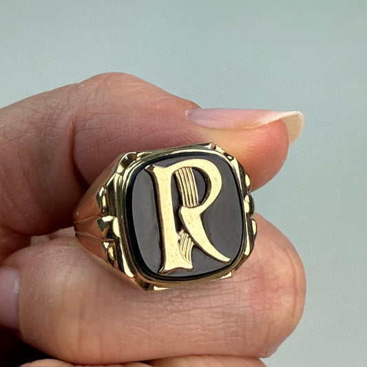 Vintage Solid 10K Yellow Gold and Onyx "R" Signet Ring, Size 10